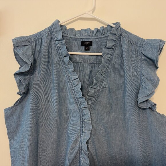 J. Crew Womens Blue Chambray Button-Front Sleeveless Ruffle Shirt Top Blouse XXL - Picture 2 of 9